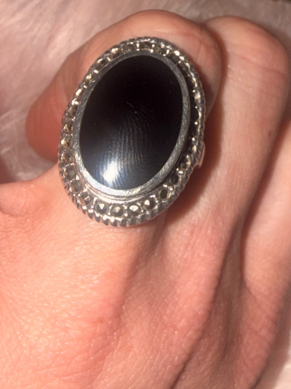 Vintage Art Deco Sterling Silver 925 Onyx & Marcasite Statement Ring - Size 7.5